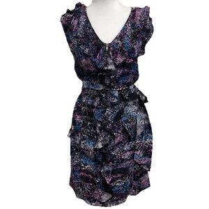 Charlie Jade Silk Purple & Black Printed Ruffle Front Sleeveless Mini Dress